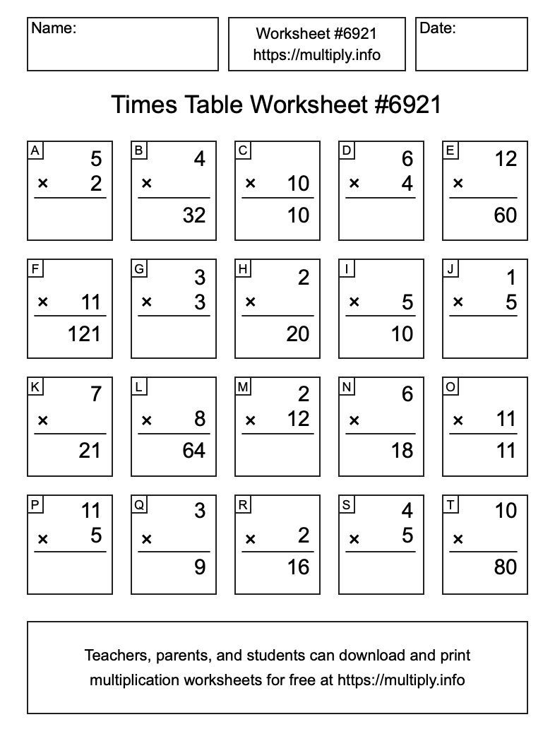 Times Table Worksheet #6921