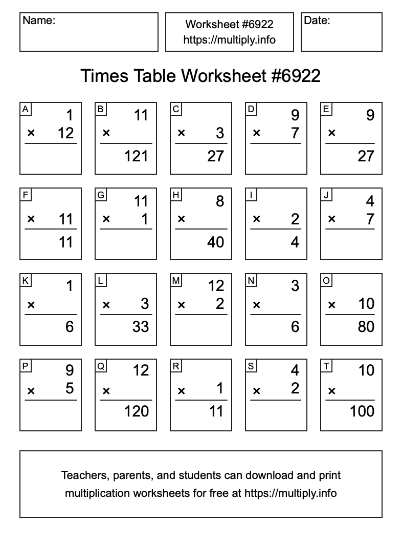Times Table Worksheet #6922