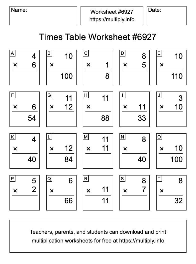 Times Table Worksheet #6927