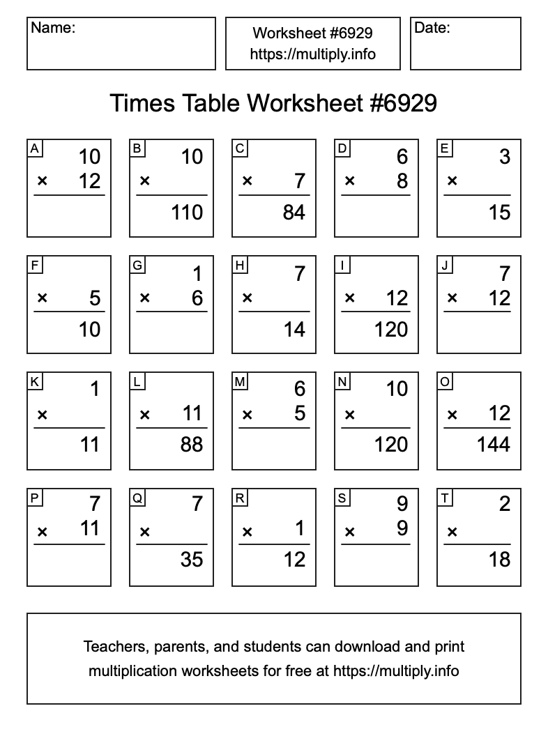 Times Table Worksheet #6929