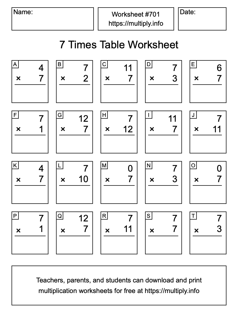 7 Times Table Worksheet #701