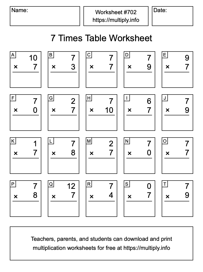 7 Times Table Worksheet #702