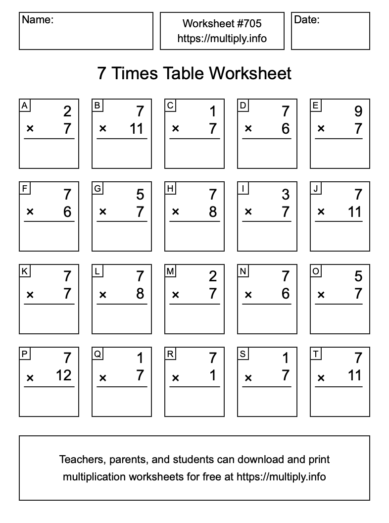 7 Times Table Worksheet #705
