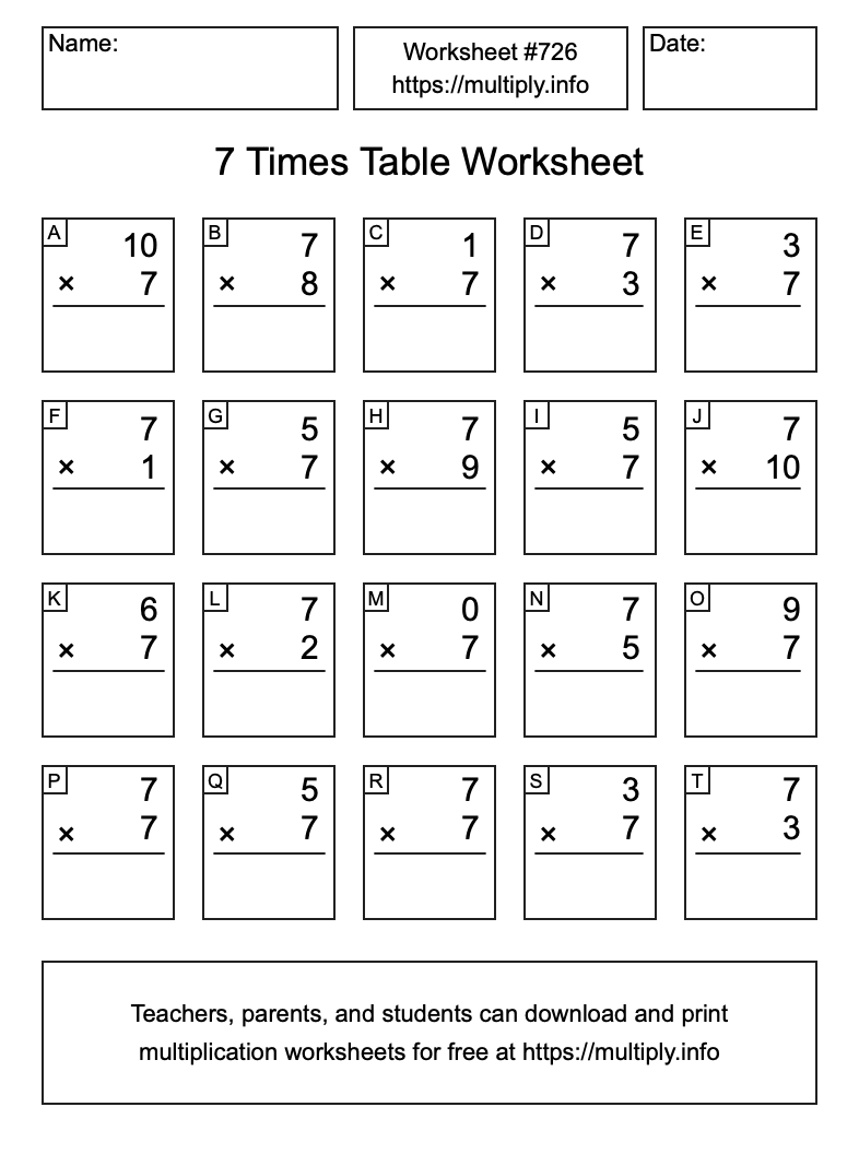 7 Times Table Worksheet #726