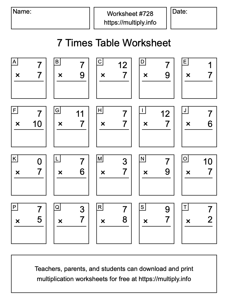 7 Times Table Worksheet #728