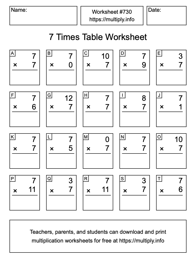7 Times Table Worksheet #730