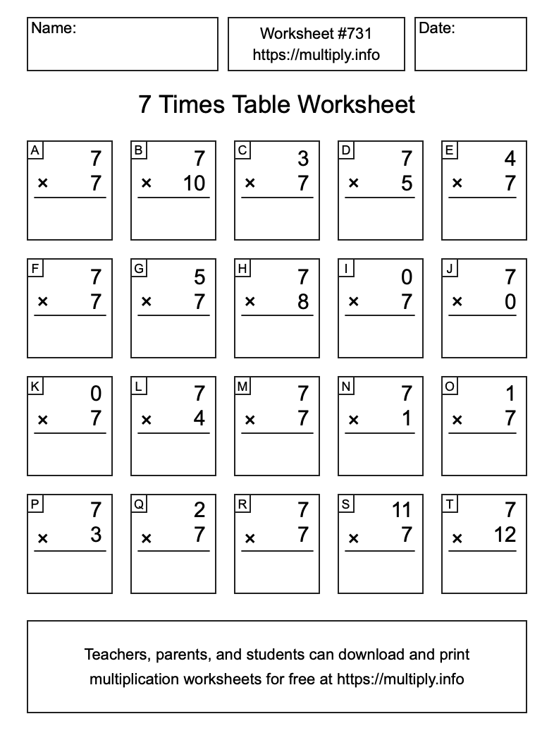 7 Times Table Worksheet #731
