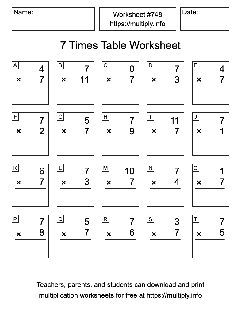 7 Times Table Worksheet #748