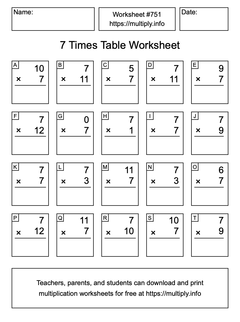 7 Times Table Worksheet #751