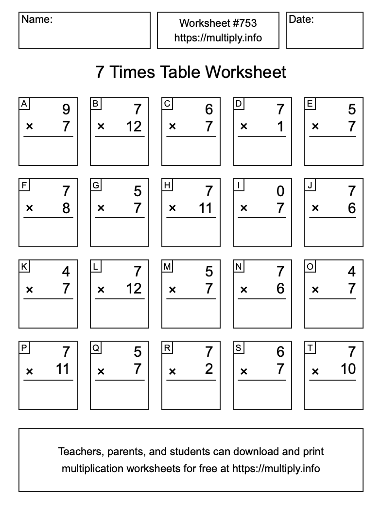 7 Times Table Worksheet #753