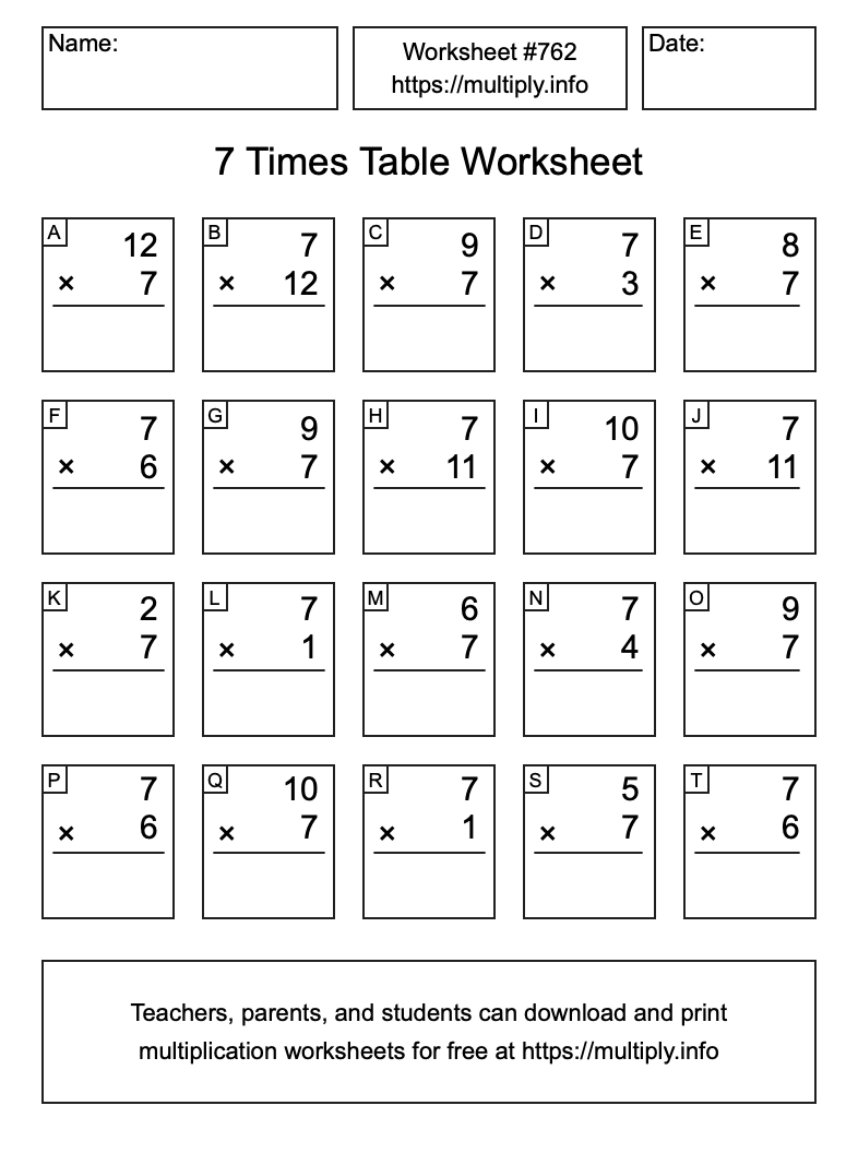 7 Times Table Worksheet #762
