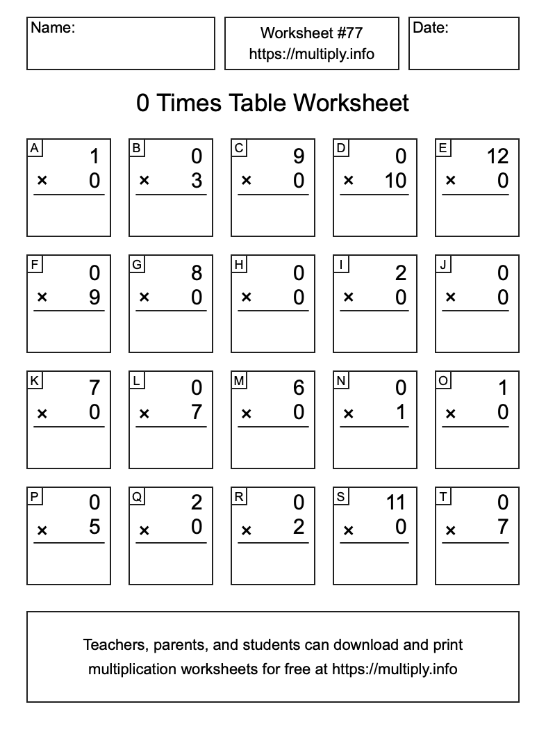 0 Times Table Worksheet #77
