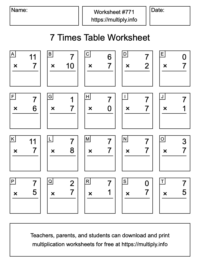 7 Times Table Worksheet #771
