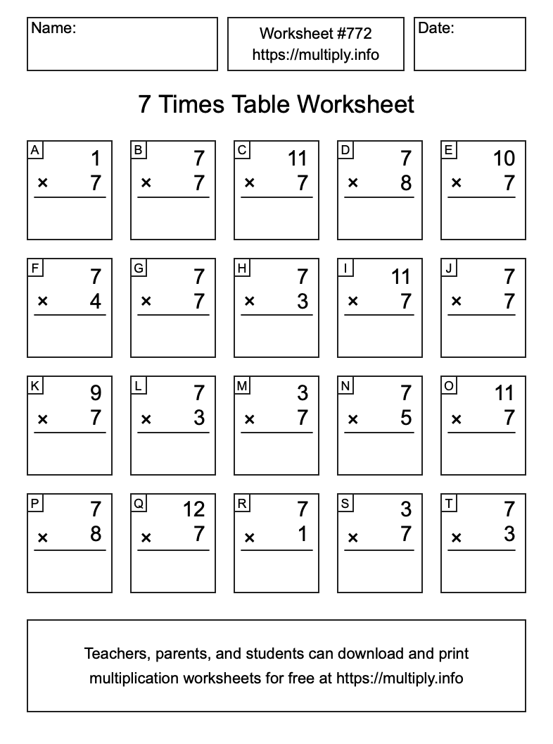 7 Times Table Worksheet #772