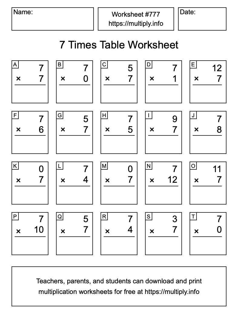 7 Times Table Worksheet #777