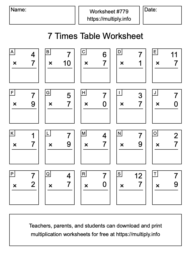 7 Times Table Worksheet #779