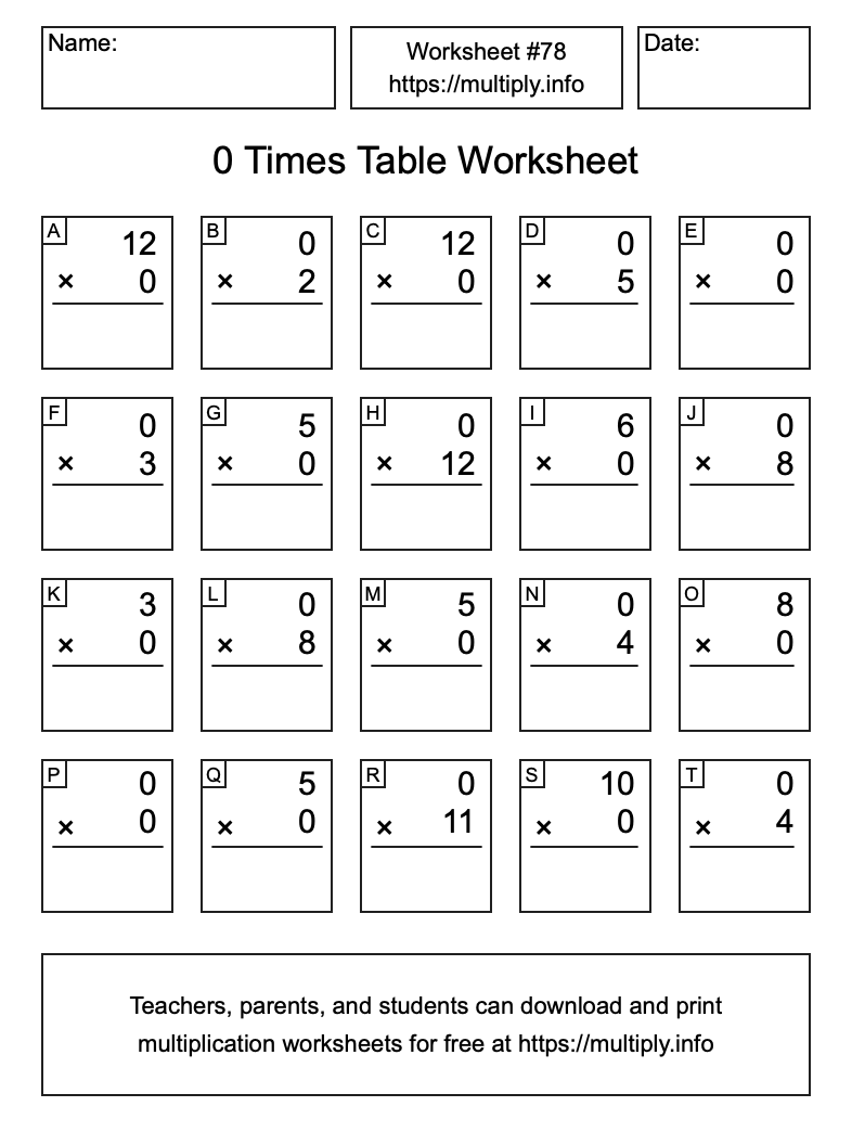 0 Times Table Worksheet #78