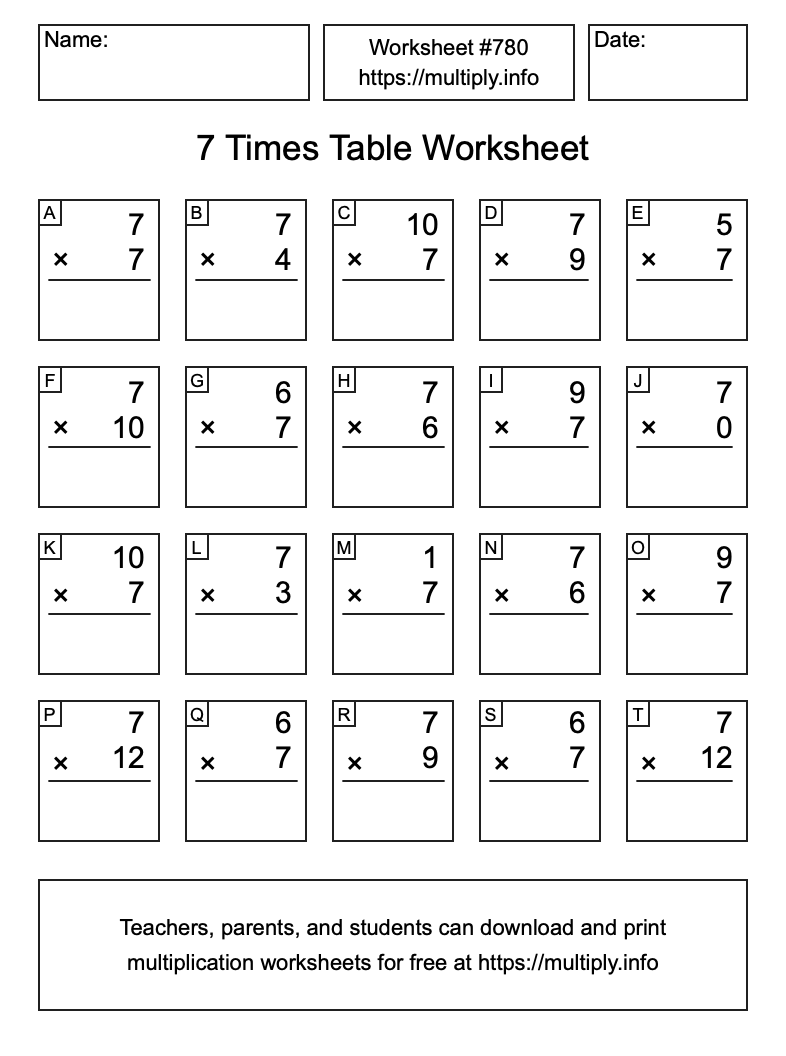 7 Times Table Worksheet #780