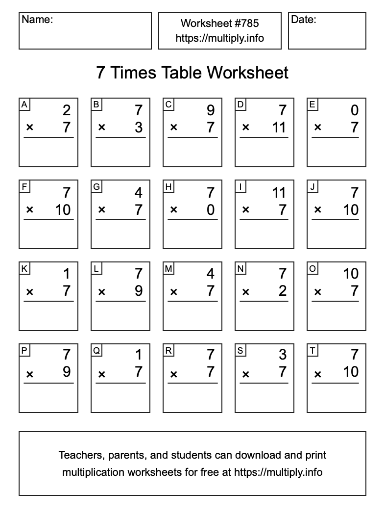 7 Times Table Worksheet #785