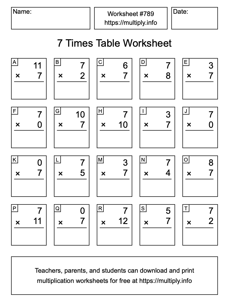 7 Times Table Worksheet #789