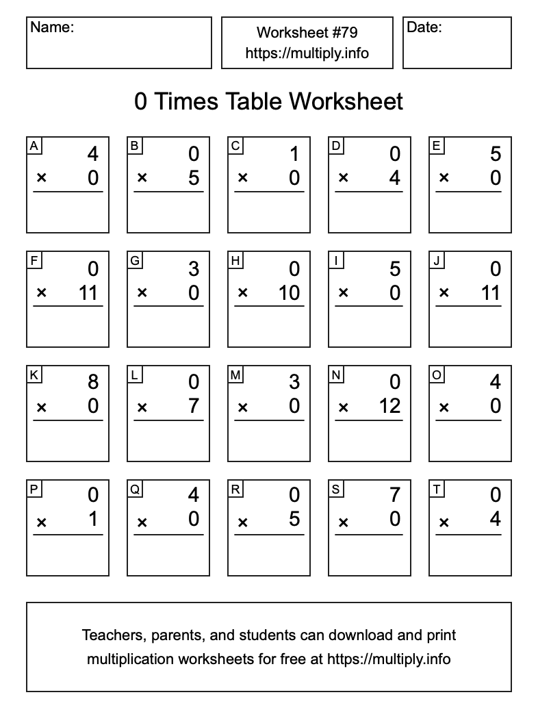 0 Times Table Worksheet #79
