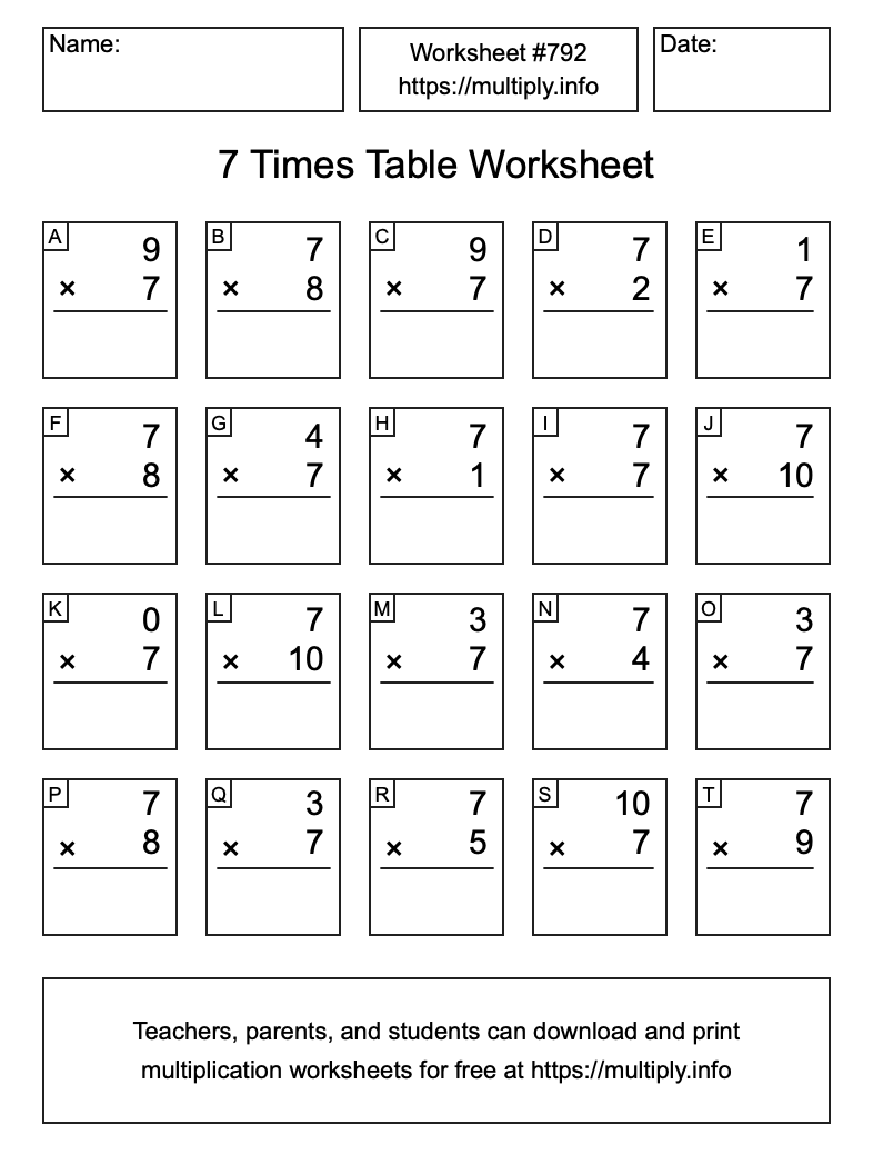 7 Times Table Worksheet #792