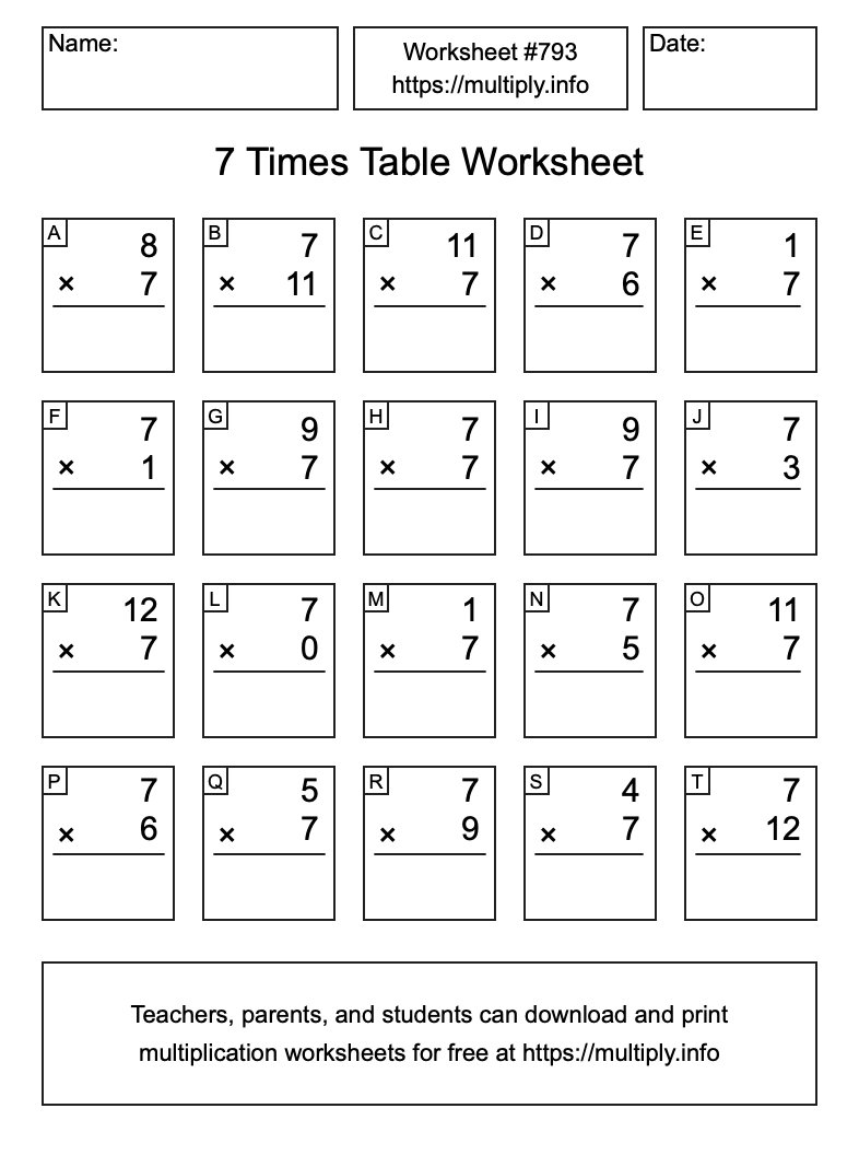 7 Times Table Worksheet #793