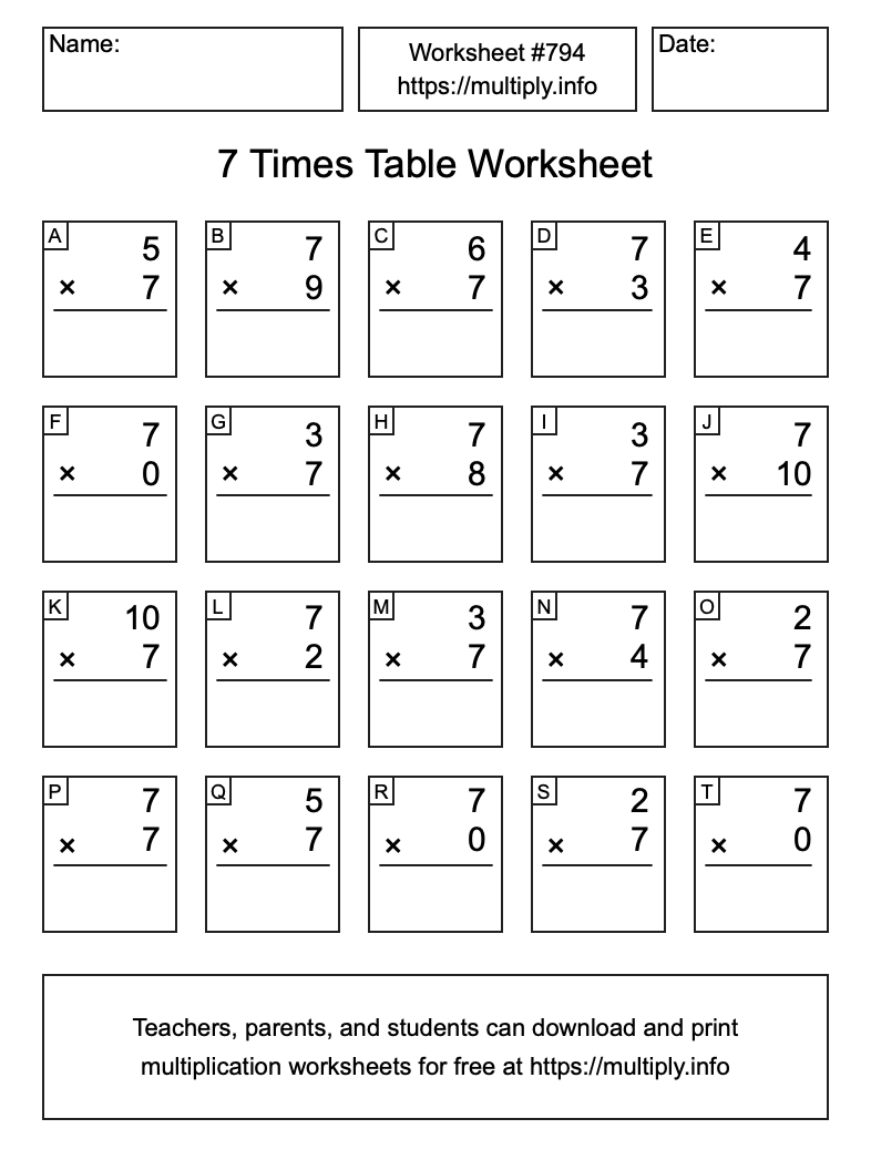7 Times Table Worksheet #794