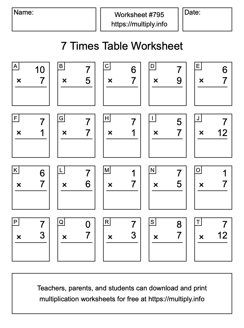 7 Times Table Worksheet #795