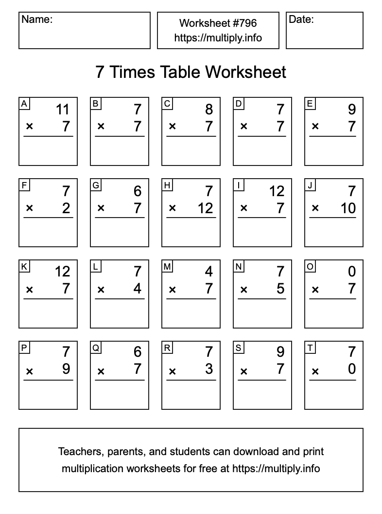 7 Times Table Worksheet #796