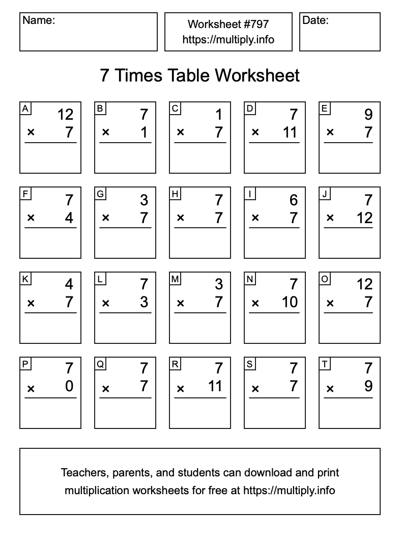 7 Times Table Worksheet #797