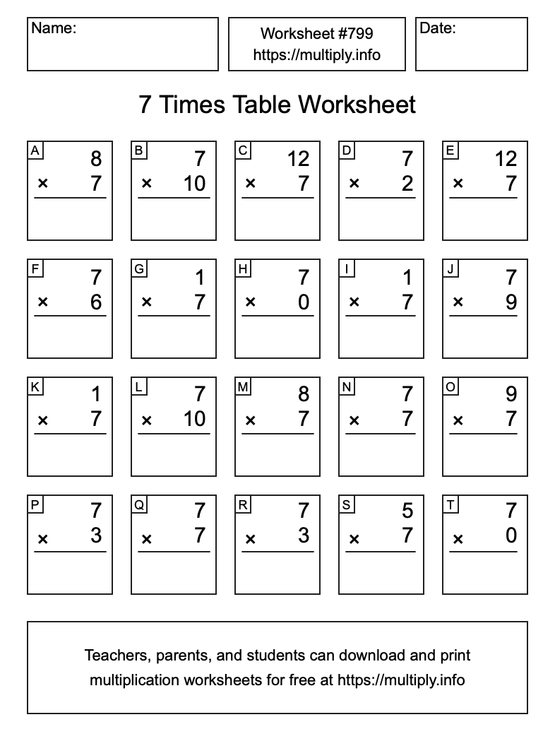 7 Times Table Worksheet #799