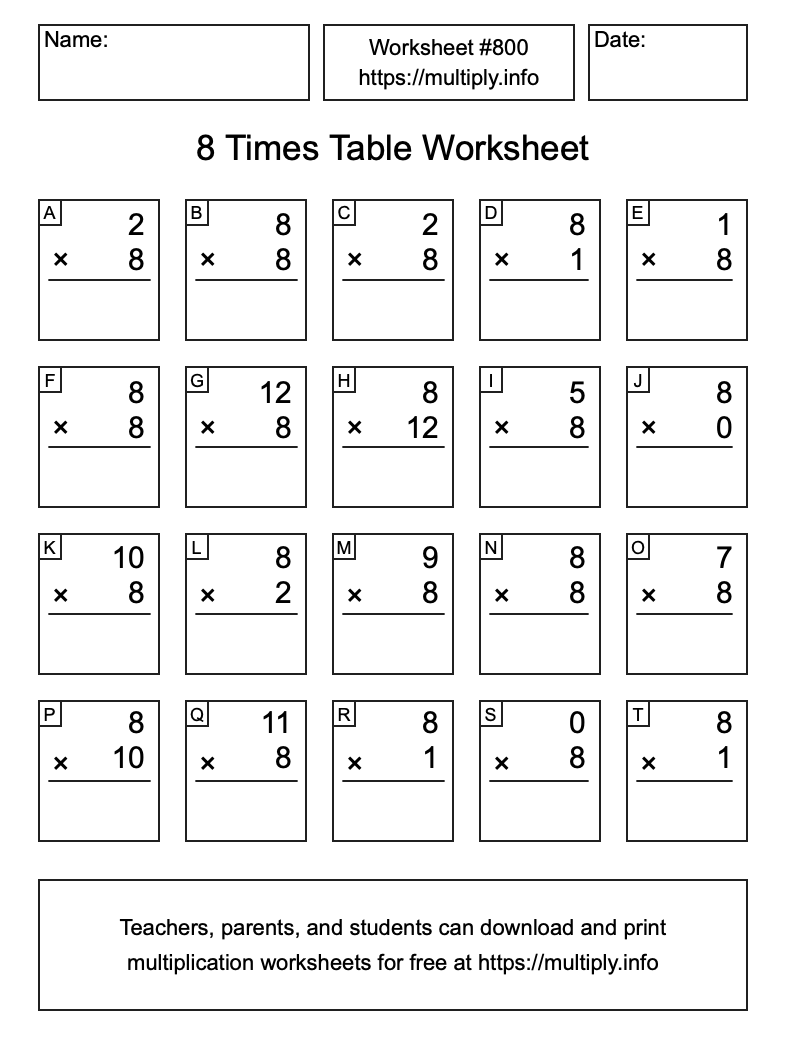 8 Times Table Worksheet #800