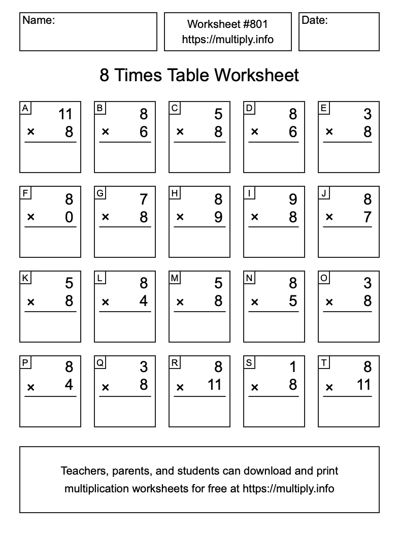 8 Times Table Worksheet #801
