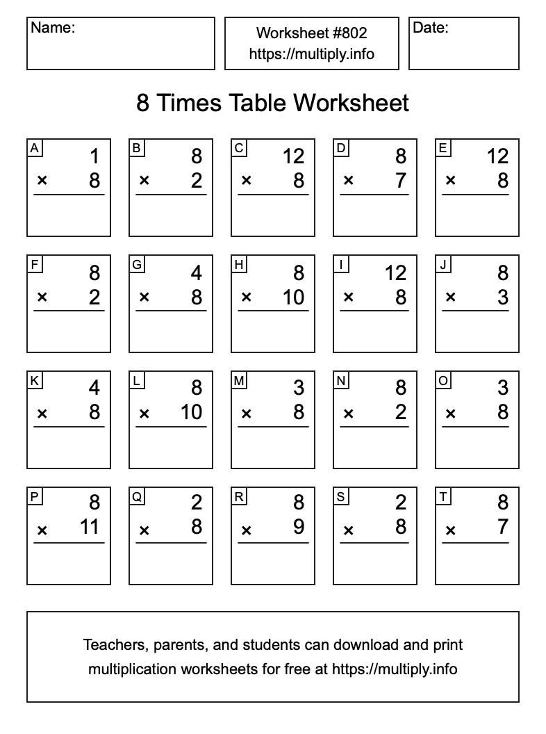 8 Times Table Worksheet #802