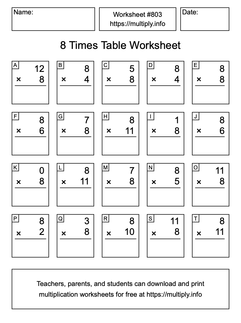 8 Times Table Worksheet #803