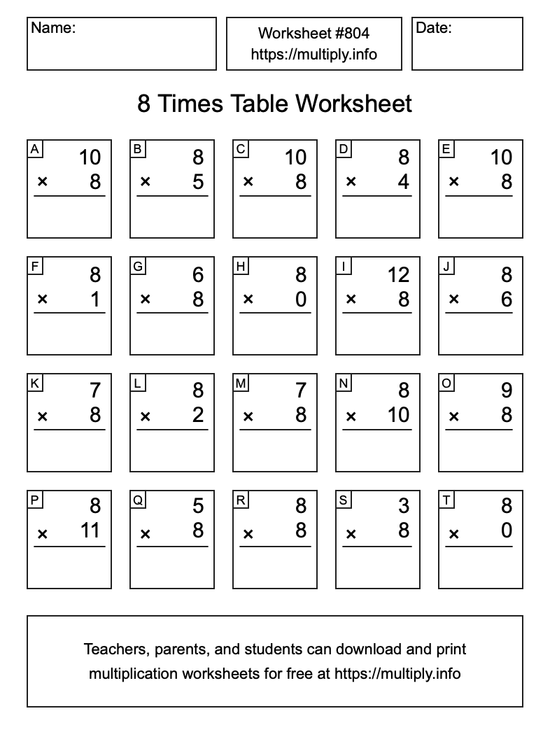 8 Times Table Worksheet #804