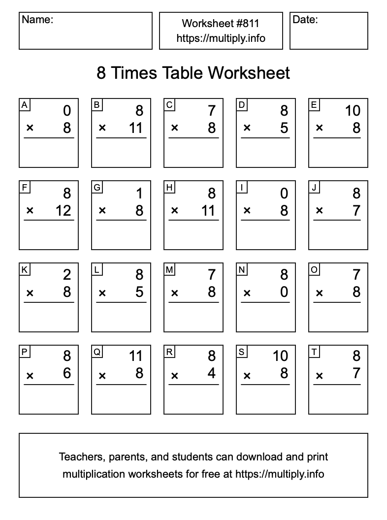 8 Times Table Worksheet #811
