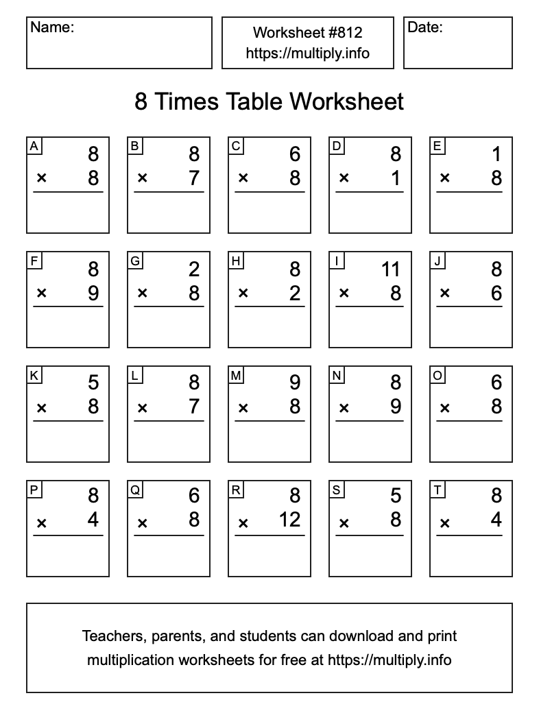 8 Times Table Worksheet #812