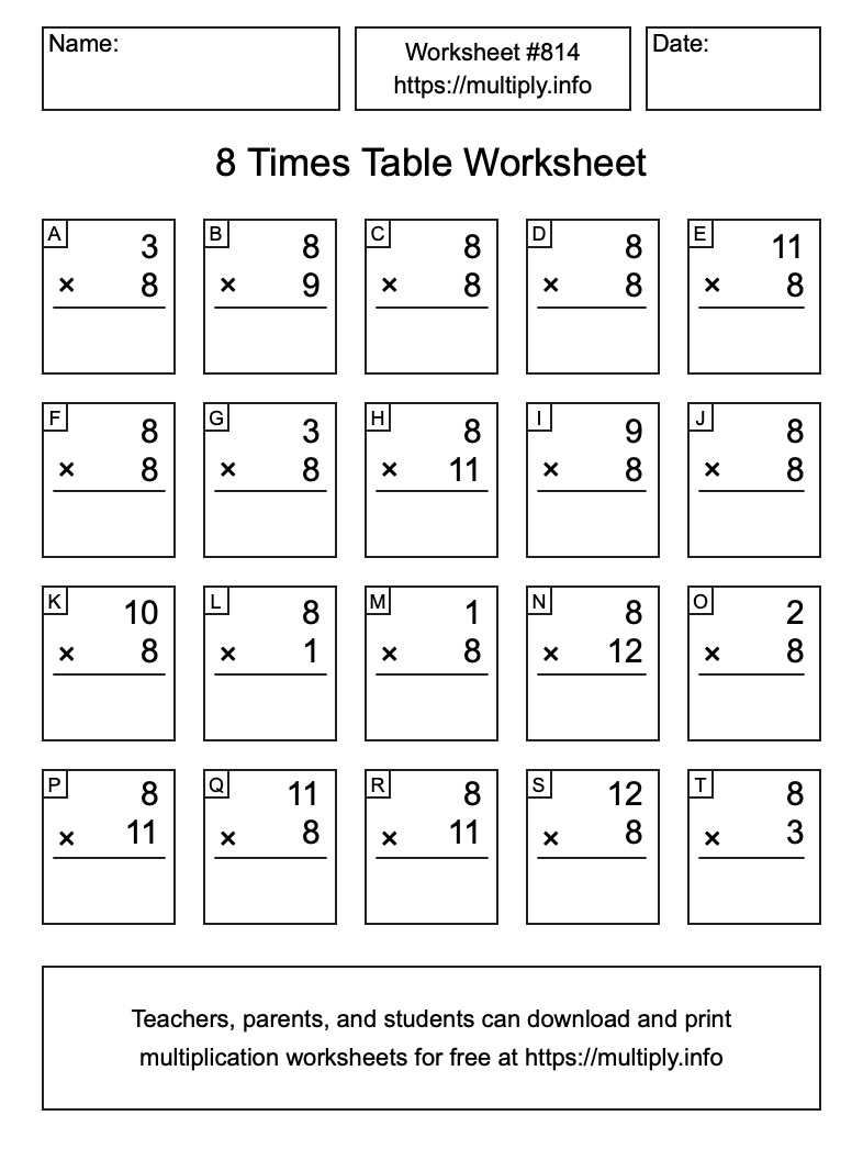 8 Times Table Worksheet #814