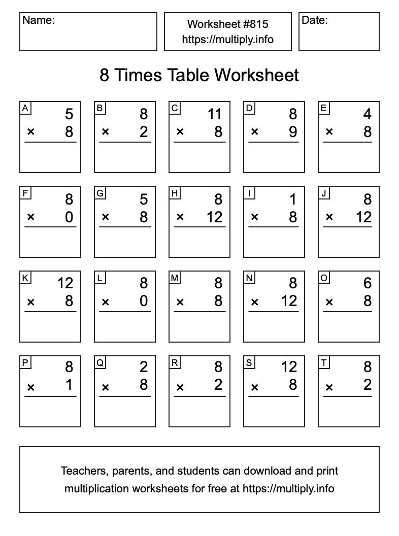 8 Times Table Worksheet #815