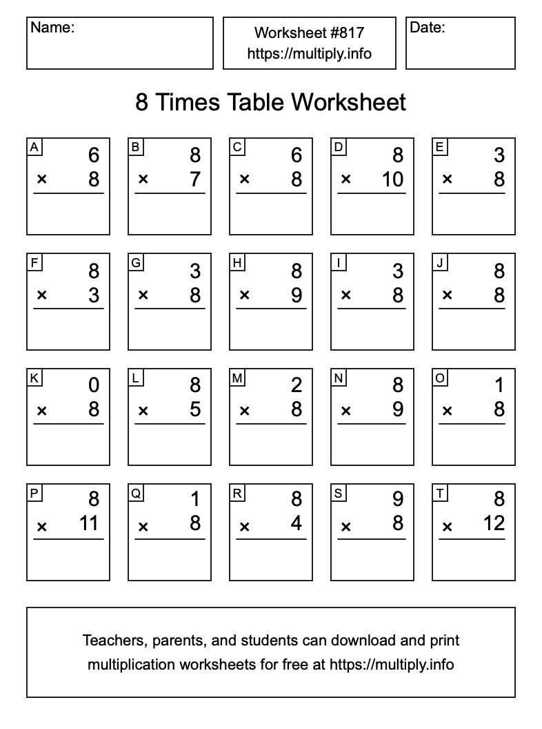 8 Times Table Worksheet #817