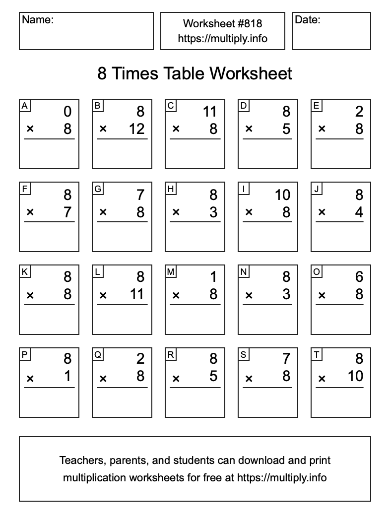 8 Times Table Worksheet #818