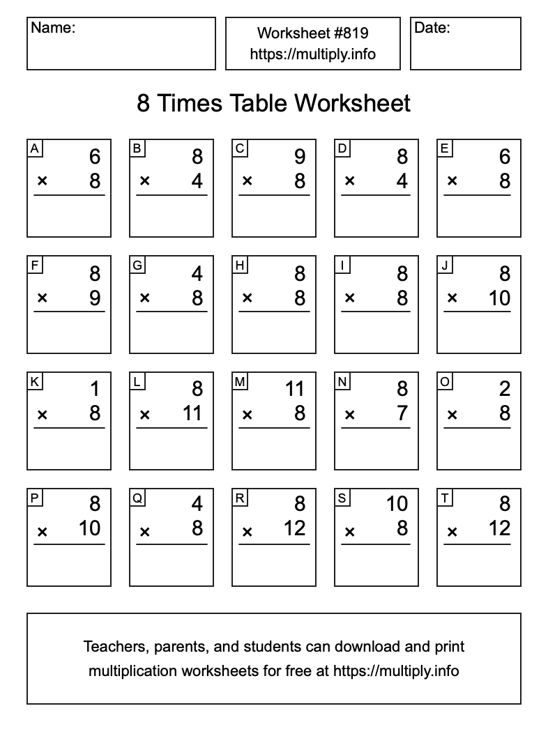 8 Times Table Worksheet #819
