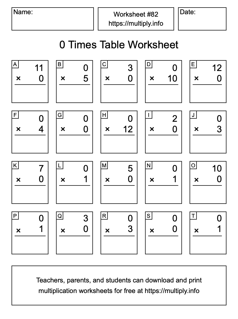 0 Times Table Worksheet #82