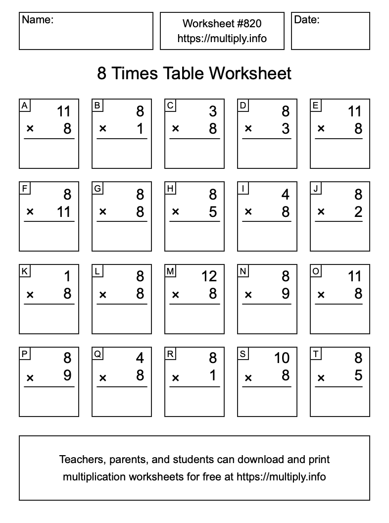 8 Times Table Worksheet #820