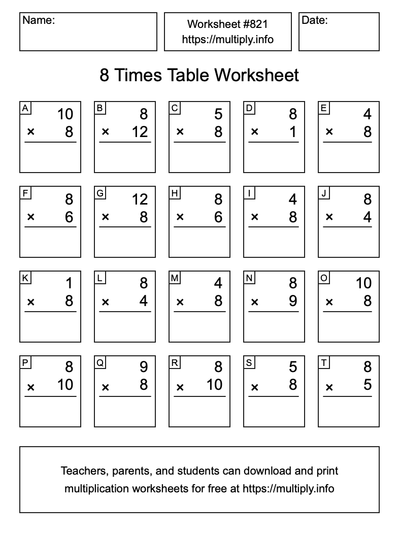 8 Times Table Worksheet #821