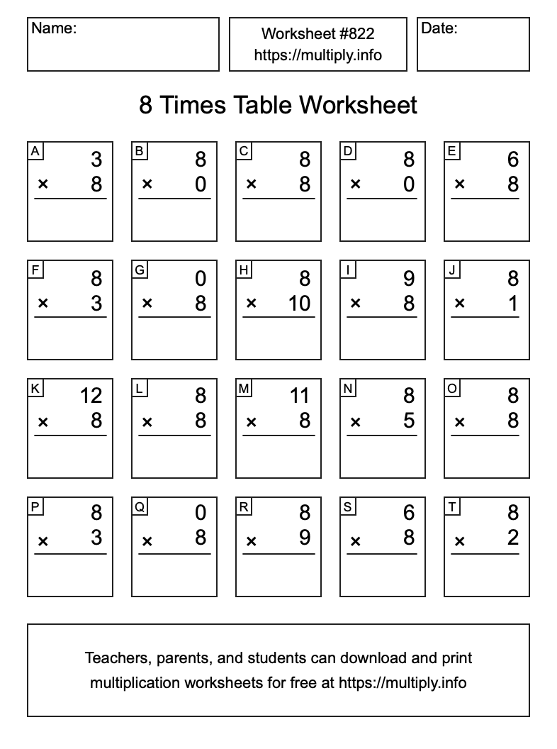 8 Times Table Worksheet #822