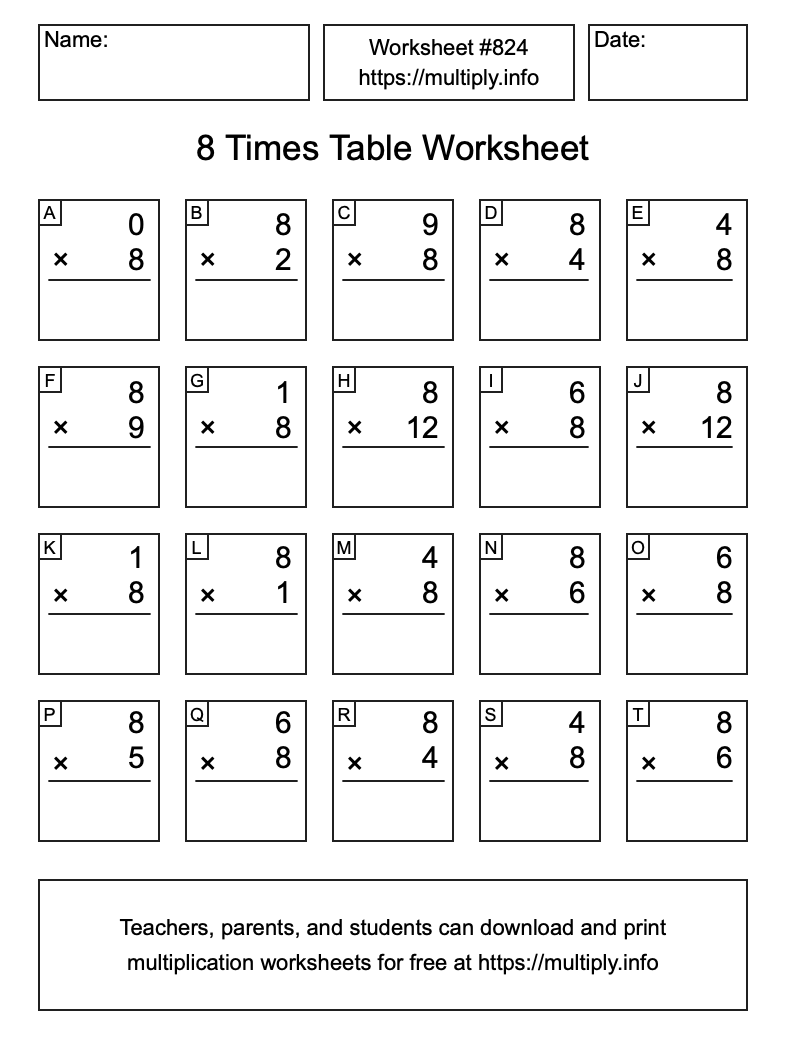 8 Times Table Worksheet #824