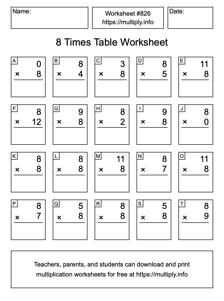 8 Times Table Worksheet #826